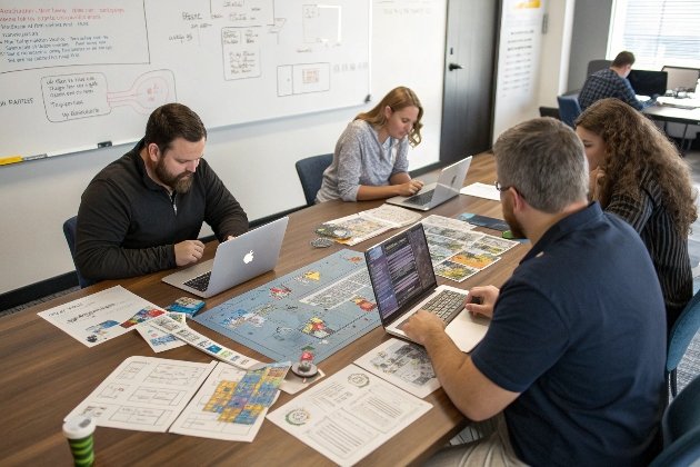 Colleagues brainstorming game ideas with whiteboard notes in office