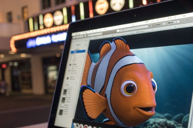 Laptop displaying Nemo clownfish against neon theater background