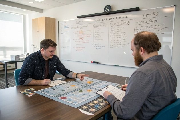 Diverse team discussing project with laptops and game prototypes