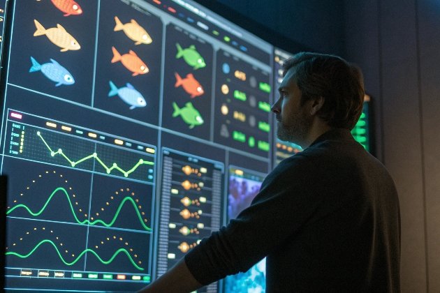 Expert analyzing fish data visualizations on multi-screen display