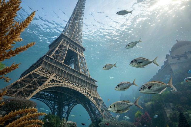 Eiffel Tower submerged underwater surrounded by colorful fish schools
