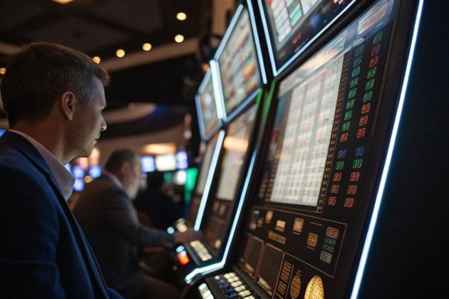 Man in suit reading notes near slot game machines
