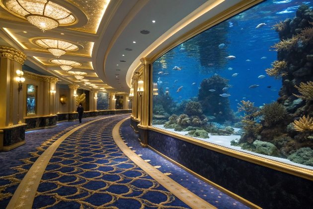 Opulent corridor with curved live aquarium wall and exotic marine life