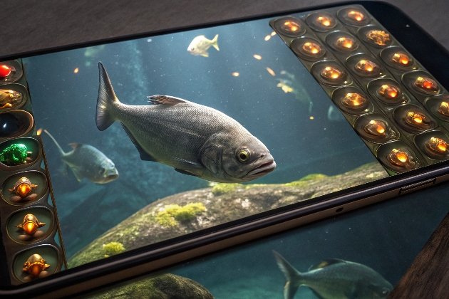 Smartphone screen showing realistic fishing game with caught fish