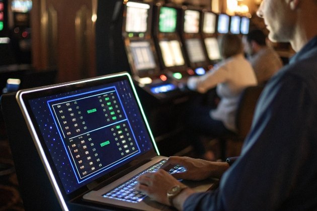 Person typing on laptop amid slot machines