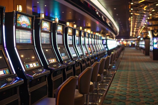 Luxury Slot Machines Line of vibrant slot machines in luxurious gaming room