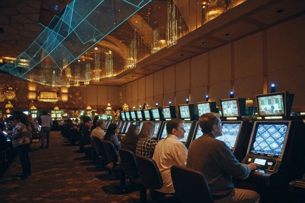 Gaming Slot Crowd Crowd playing slot machines in luxurious gaming hall