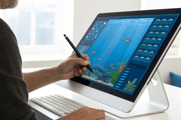 Game Marine Art Creation Designer drawing marine life illustration on large monitor
