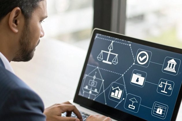 Professional analyzing compliance game law icons on laptop screen