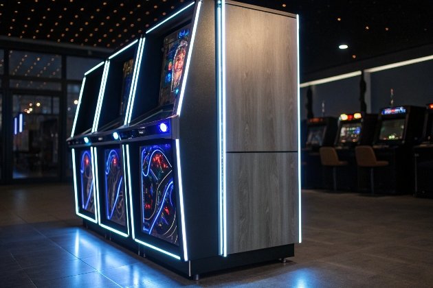 Arcade Gaming Lounge Row of illuminated arcade machines in gaming lounge