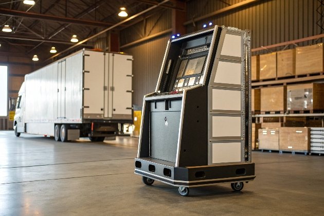 Warehouse Slot Unit Mobile slot machine unit in industrial warehouse setting