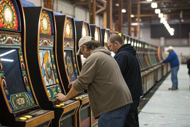Workers assembling traditional wooden slot machines in factory