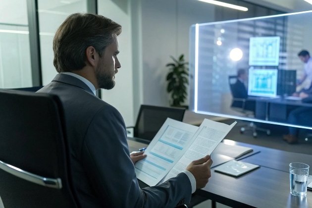 Executive reviewing regulatory game law documents in modern office