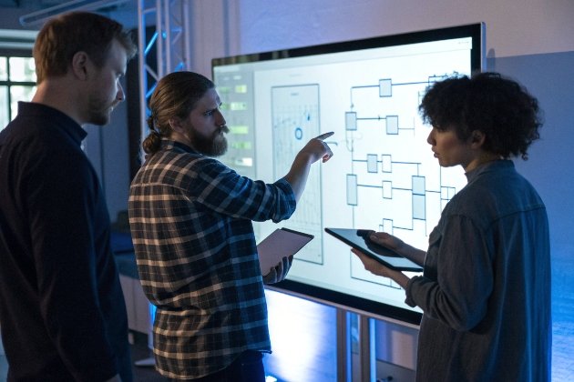 Game Flowchart Discussion Team brainstorming flowchart on interactive digital display