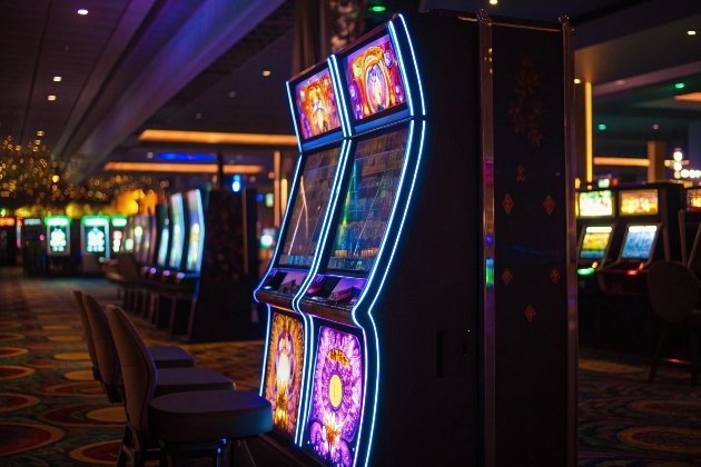 Elegant Slot Hall Array of glowing slot machines in elegant gaming hall