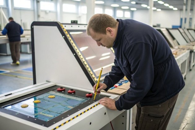 Adjusting The Dimensions Of A Fish Game Table a technician working on adjusting the dimensions of a fish game table inside a factory