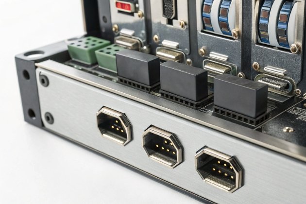Close-up of professional-grade gaming machine connectivity ports
