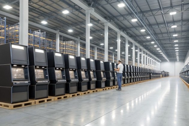 Worker inspecting stacked slot machines in warehouse
