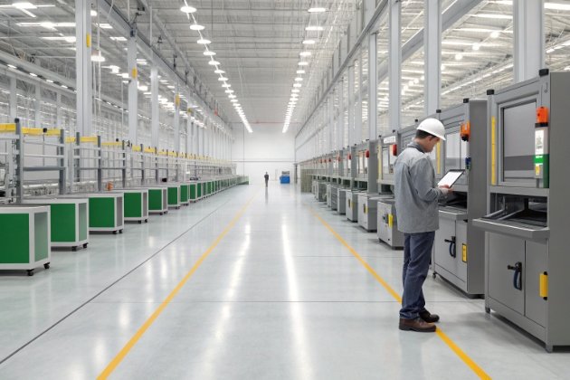 Slot Line QC Checkpoints A wide angle view of a production floor featuring multiple in line qc checkpoints