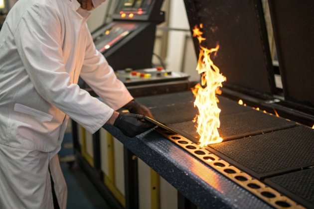 Technician testing flame-resistant panel in manufacturing lab